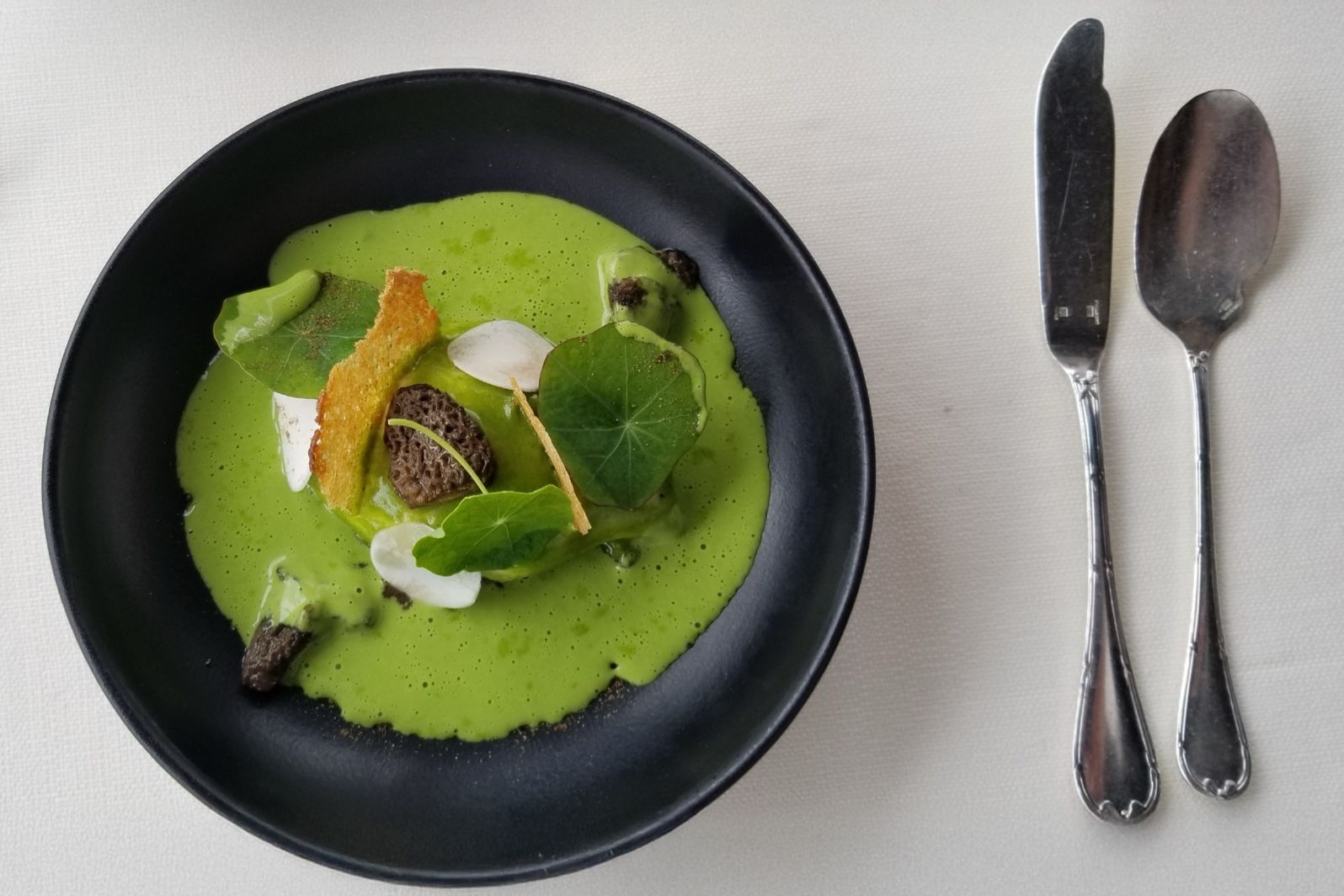 A green soup course with silver cutlery